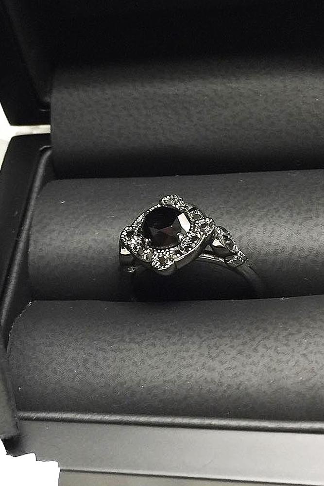 black diamond engagement rings round cut halo white gold