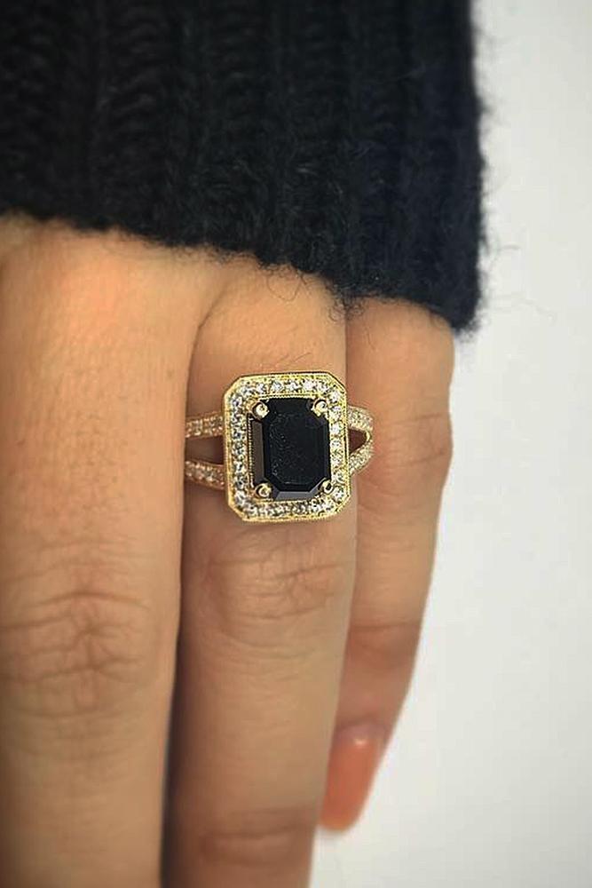 black diamond engagement rings split yellow gold halo
