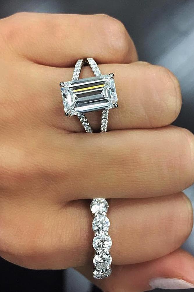 diamond wedding rings emerald cut solitaire split pave band
