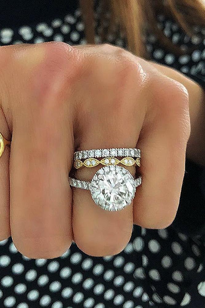 diamond wedding rings round cut halo pave band yellow white gold