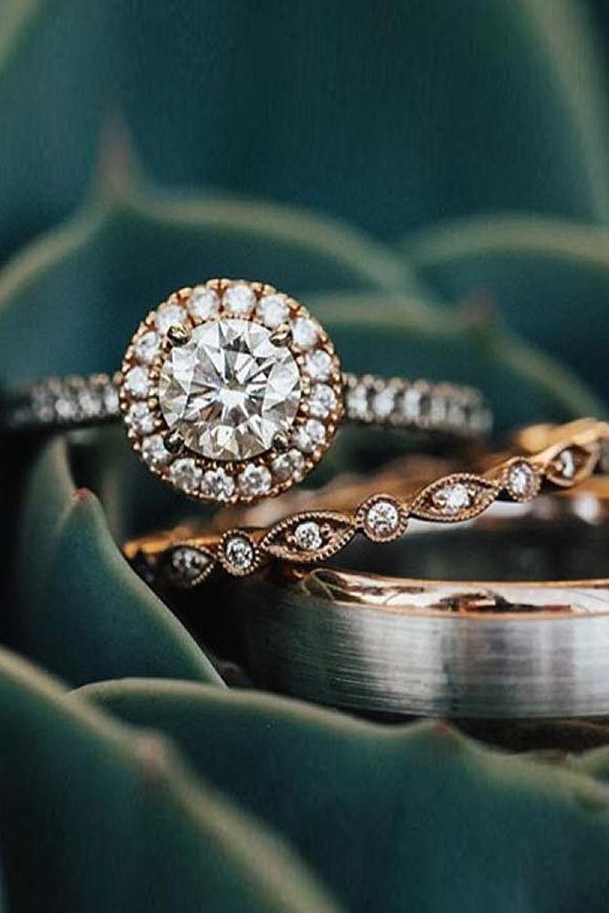 diamond wedding rings round double halo rose gold pave band