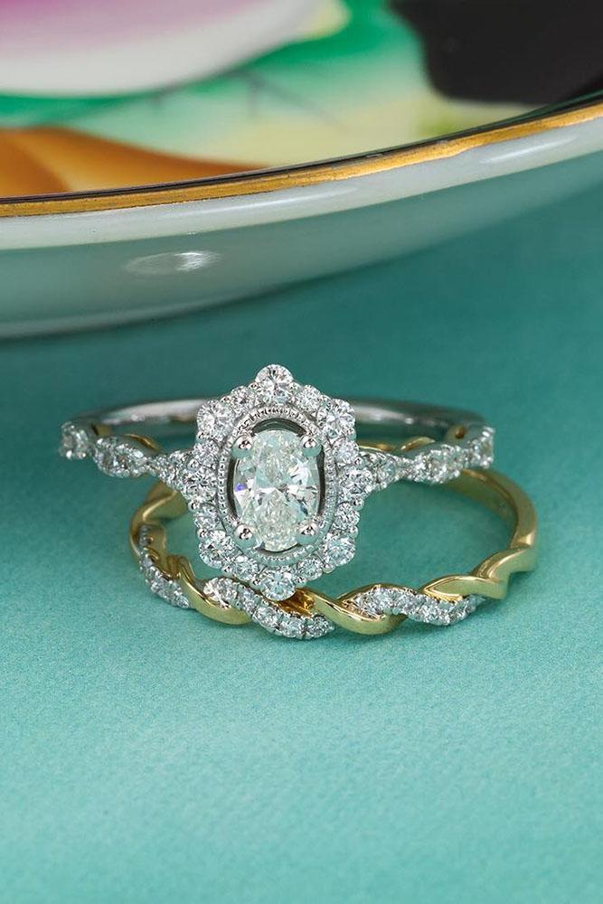 diamond wedding rings white and rose gold vintage wedding set oval pave band