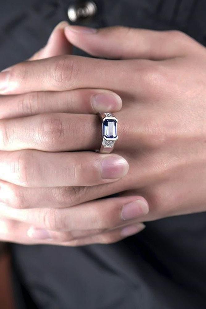 emerald engagement rings mens white gold emerald cut blue gemstone