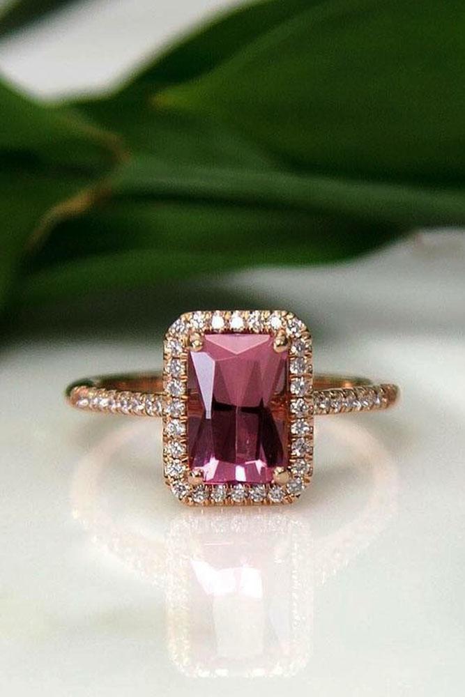 emerald engagement rings rose gold diamond halo pink tourmaline