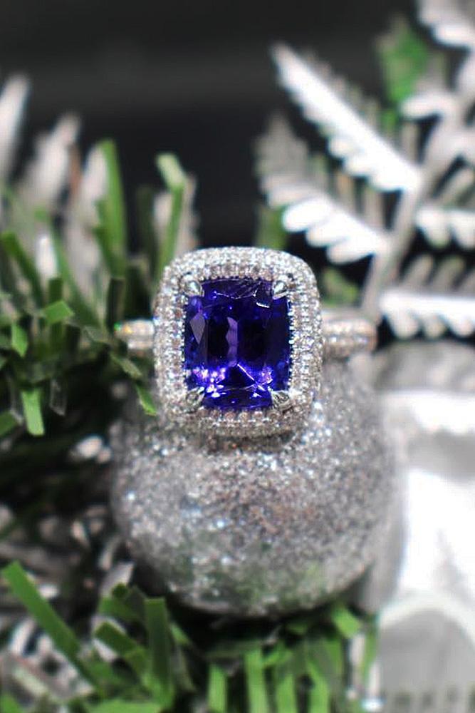 gemstone engagement rings emerald cut halo pave band