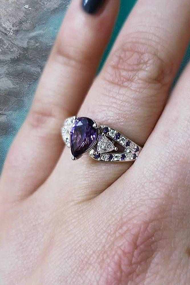 gemstone engagement rings pear cut white gold pave band
