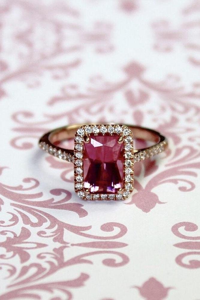 gemstone engagement rings pink sapphire diamond halo rose gold
