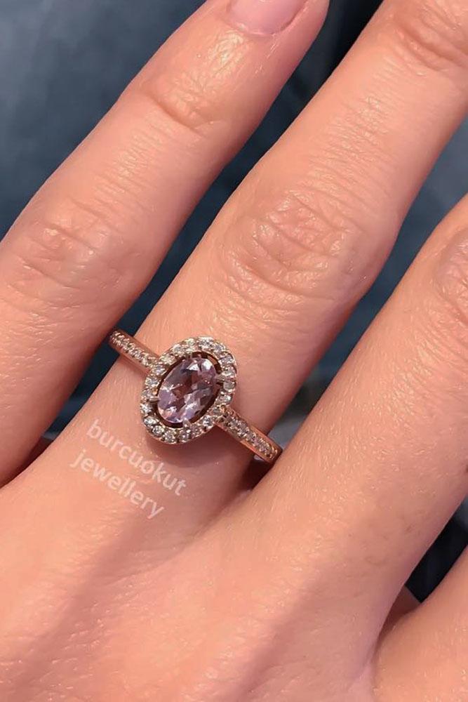 gemstone engagement rings rose gold peach tourmaline diamond halo pave band