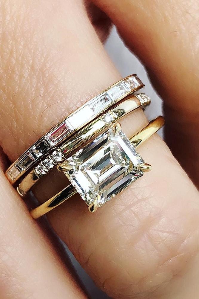 solitaire engagement rings antique emerald cut diamond yellow gold wedding sets