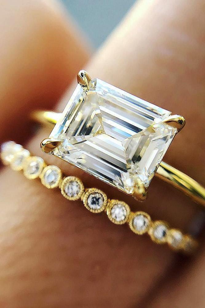 solitaire engagement rings antique emerald cut diamond yellow gold wedding sets