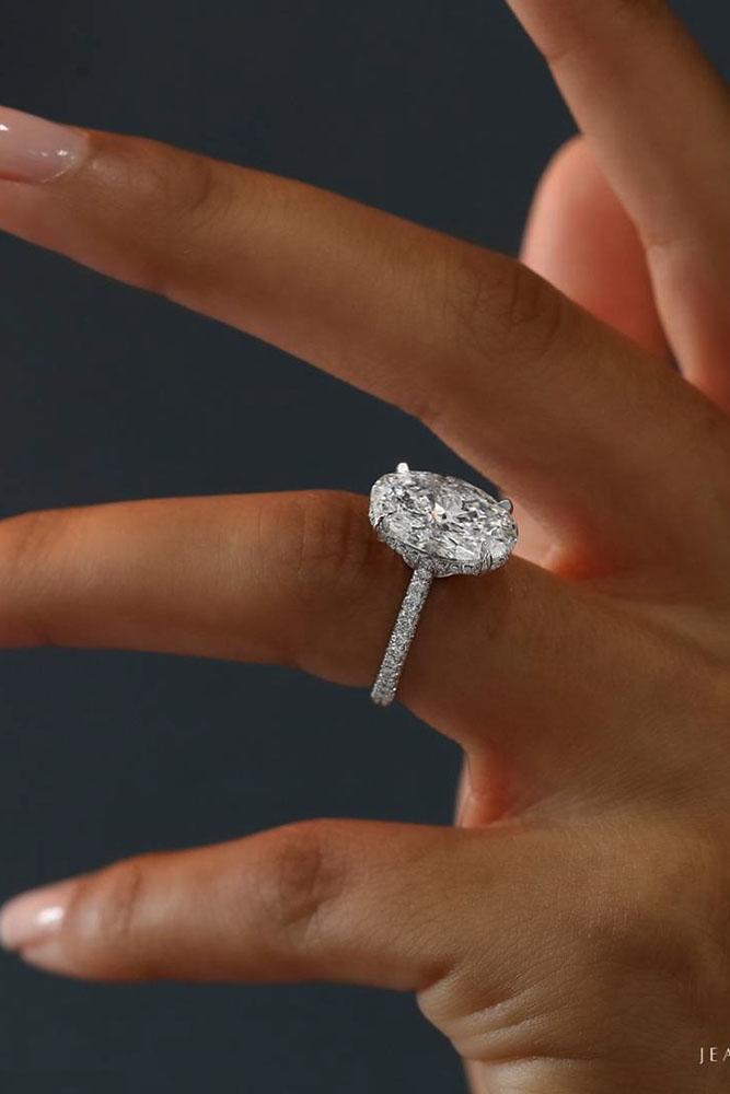 solitaire engagement rings white gold oval stone diamond pave band