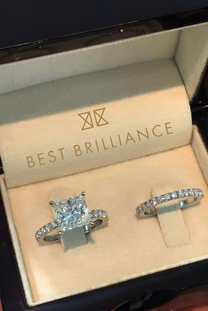 solitaire engagement rings white gold set princess diamond pave band
