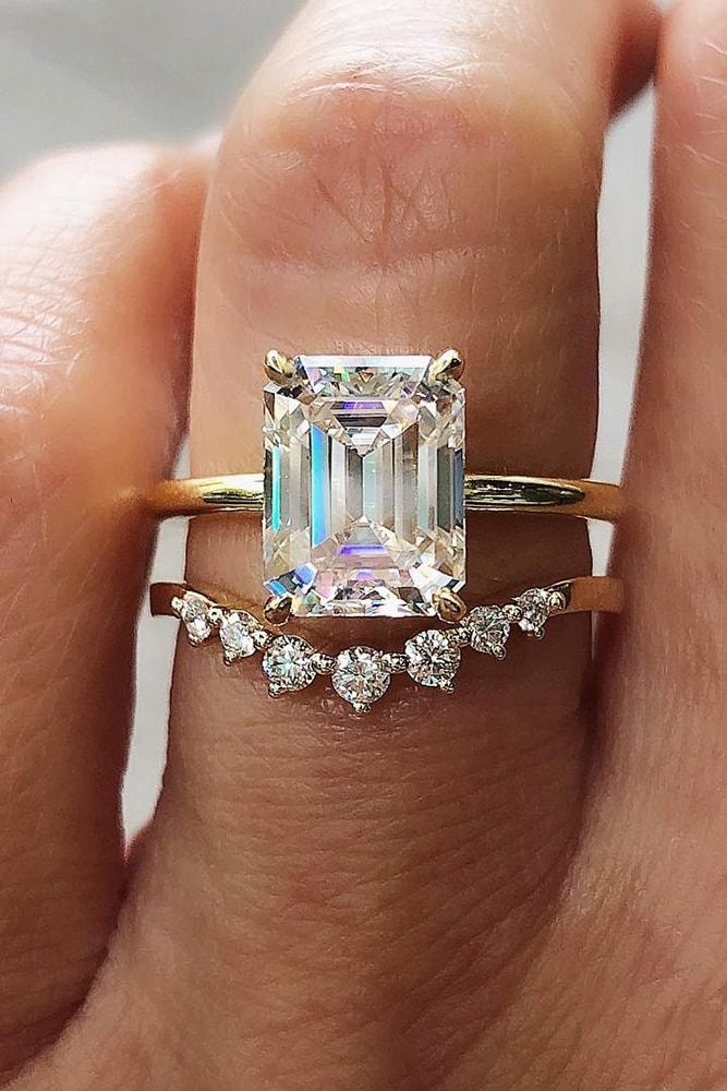 solitaire engagement rings yellow gold wedding sets with emerald cut moissanite solitaire diamond band