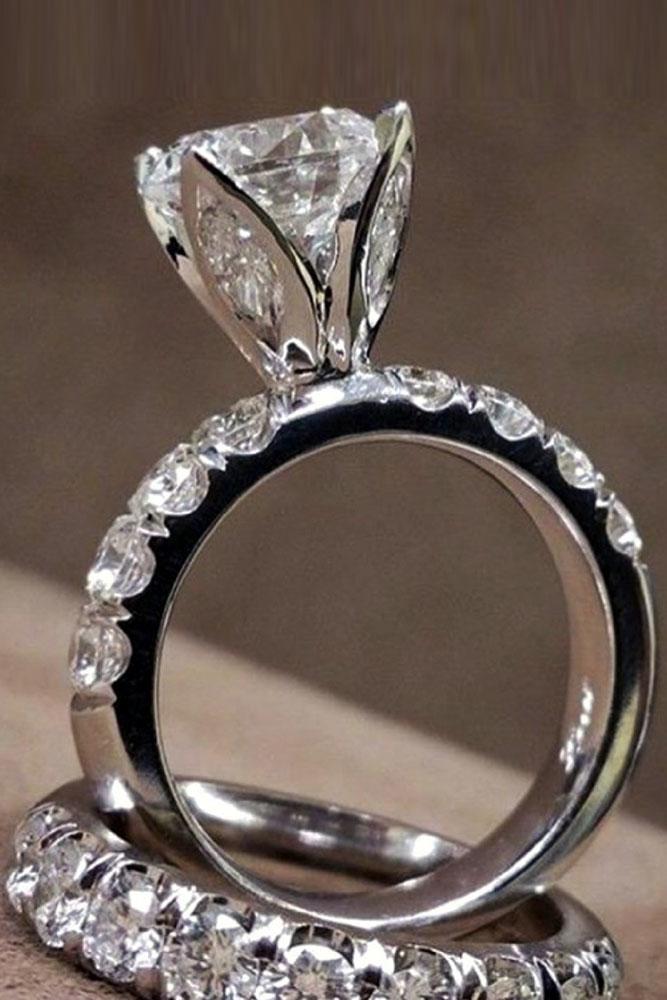 white gold engagement rings cathedral floral round diamond pave band