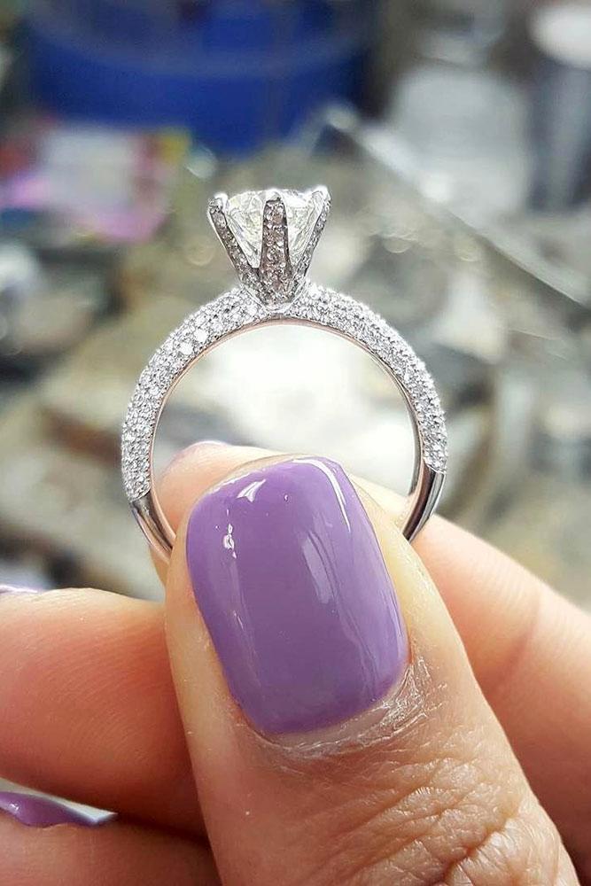 white gold engagement rings cathedral pave band round cut diamond