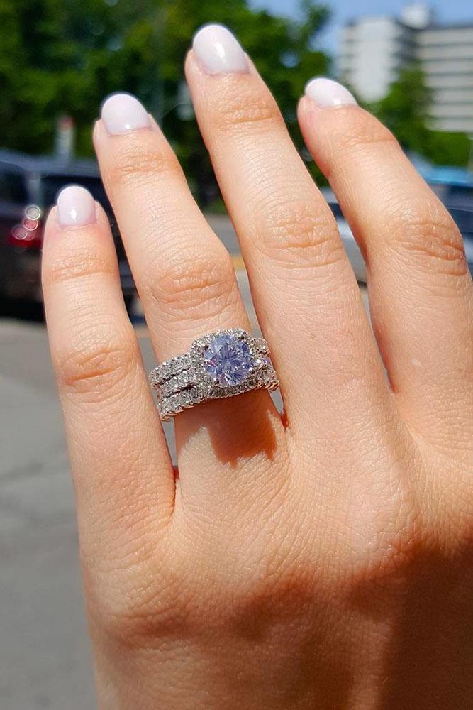 white gold engagement rings halo center diamond three pave bands