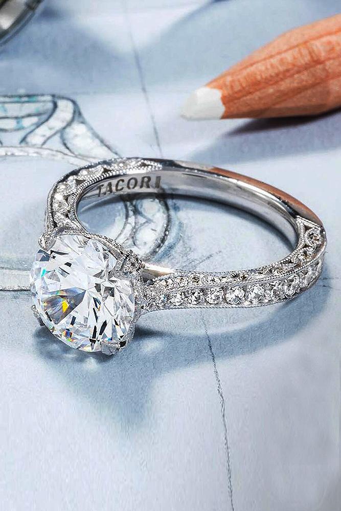 white gold engagement rings pave band round cut diamond solitaire