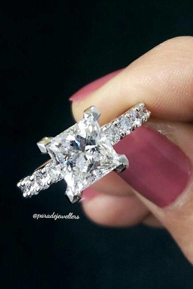 white gold engagement rings princess cut center stone pave band