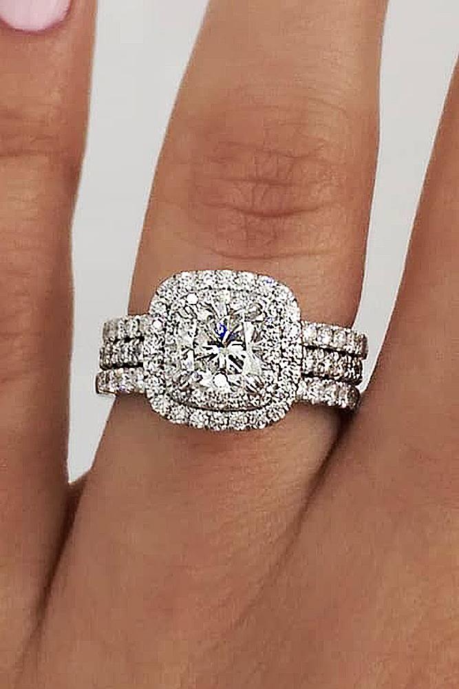 white gold engagement rings round cut diamond halo split pave band