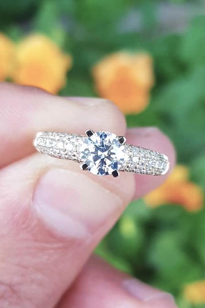 white gold engagement rings round cut diamond pave band