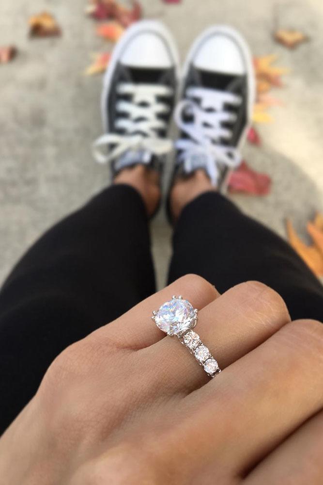 white gold engagement rings round cut diamond pave band classic ring