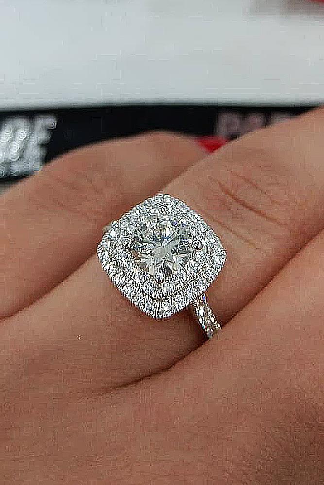white gold engagement rings round cut double halo pave band