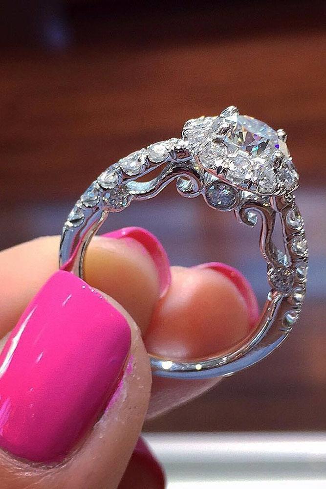 white gold engagement rings round halo unique band