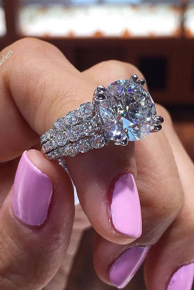 white gold engagement rings unique three pave bands round cut diamond