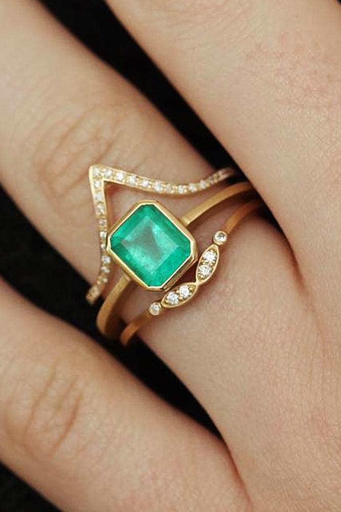 yellow gold engagement rings gemstone emerald cut wedding set unique