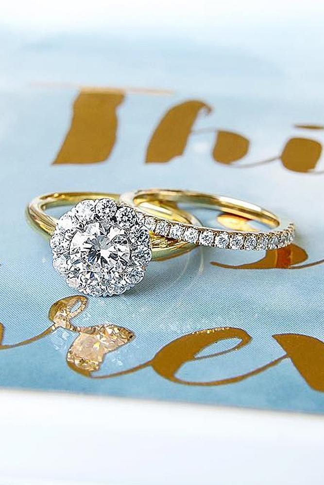 yellow gold engagement rings halo floral pave band set