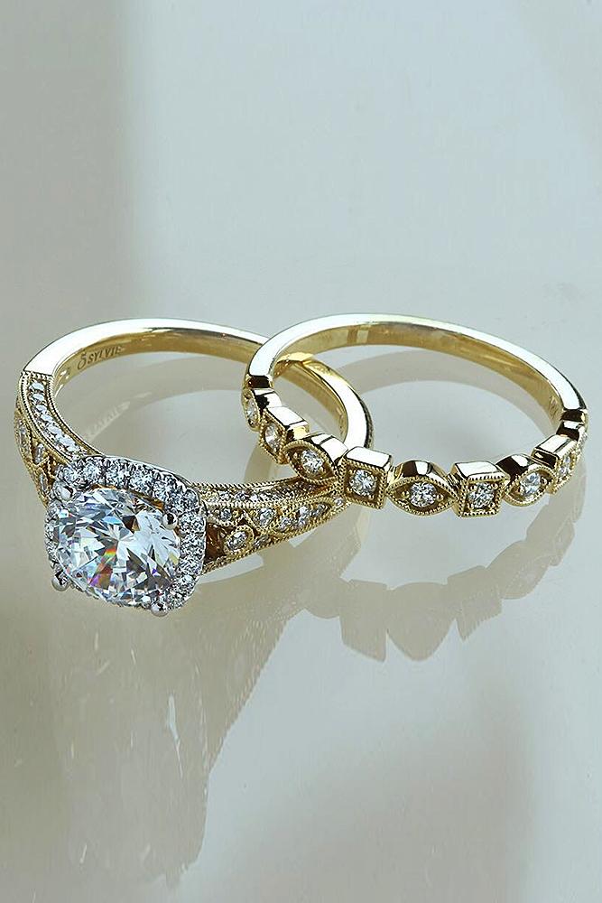 yellow gold engagement rings halo pave band set round cut