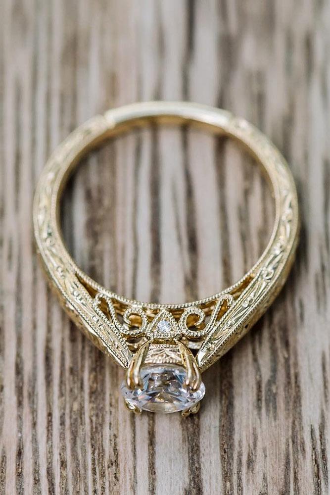 27 The Best Yellow Gold Engagement Rings From Pinterest Oh So Perfect   Yellow Gold Engagement Rings Round Diamond Ring With Vintage Band Kirkkara 