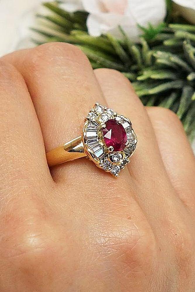 yellow gold engagement rings ruby vintage halo floral