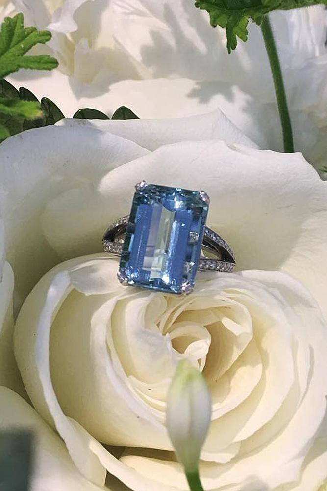 aquamarine engagement rings emerald cut pave band split