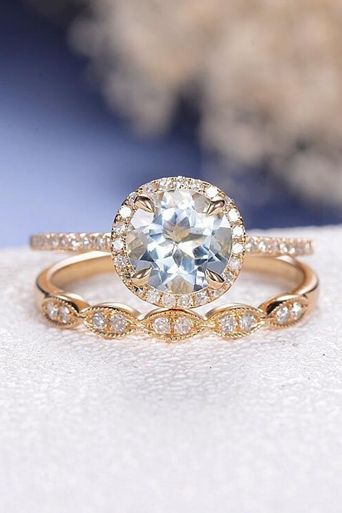 aquamarine engagement rings round cut halo rose gold set