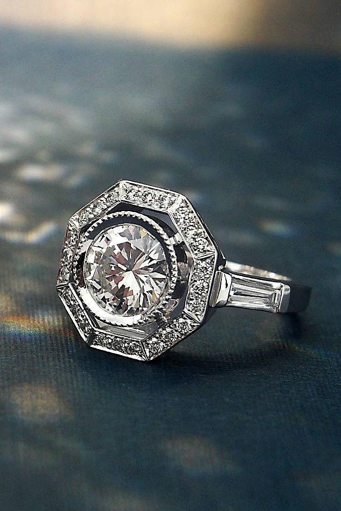 art deco engagement rings round cut diamond halo white gold