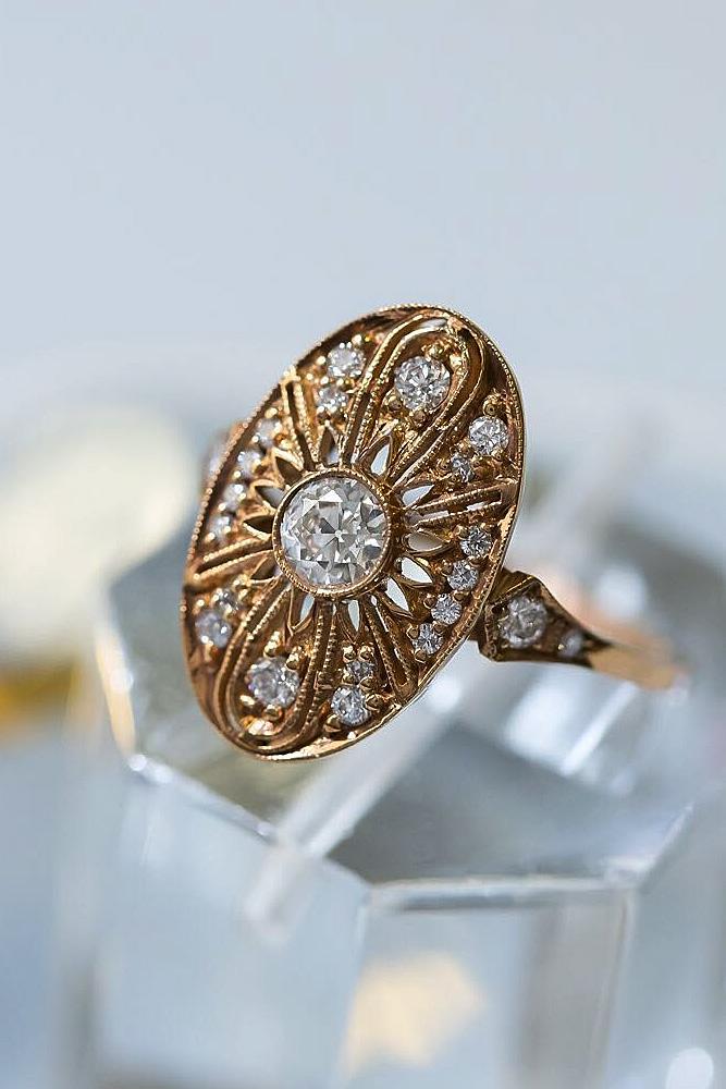 art deco engagement rings yellow gold round cut