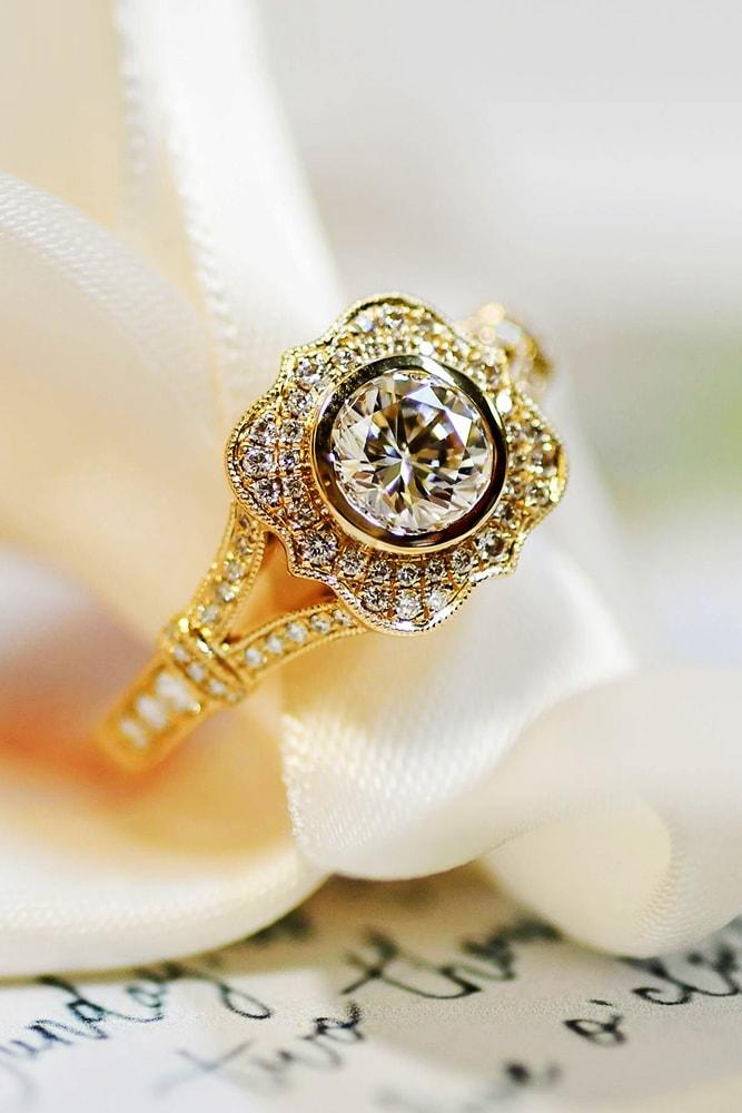 beautiful engagement rings yellow gold round cut diamond halo vintage twisted pave band