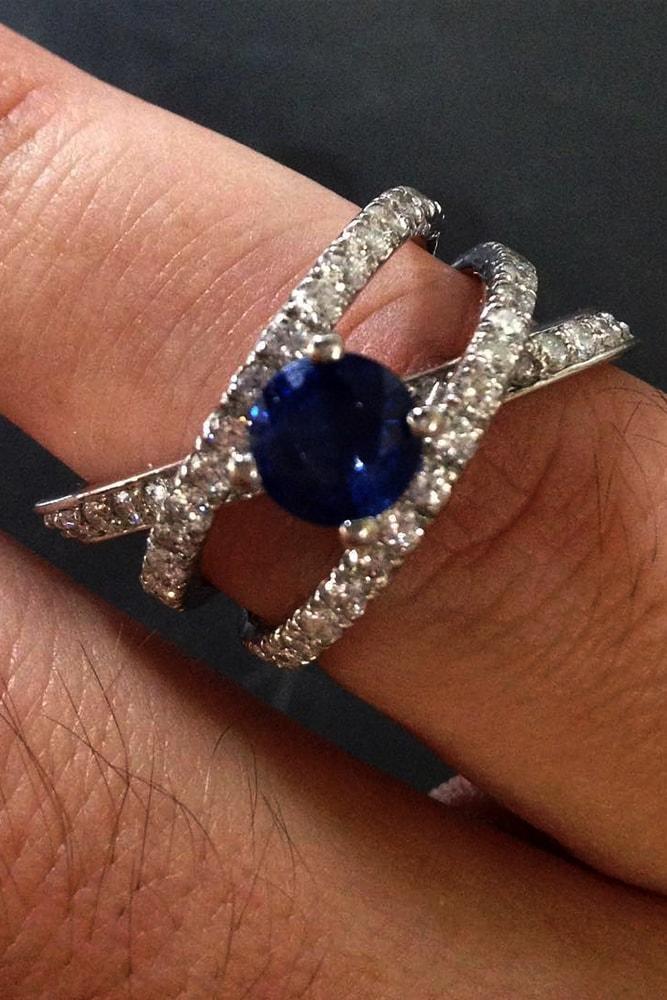 engagement rings styles split shank white gold round cut blue sapphire pave band wonderful
