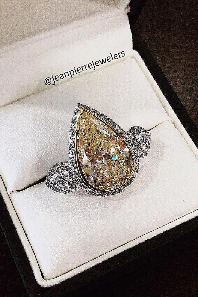 42 Modern Engagement Rings For Your Creative Girl Oh So Perfect Proposal   Modern Engagement Rings Pear Halo Diamond Gold Jeanpierrejewelers Via Instagram 