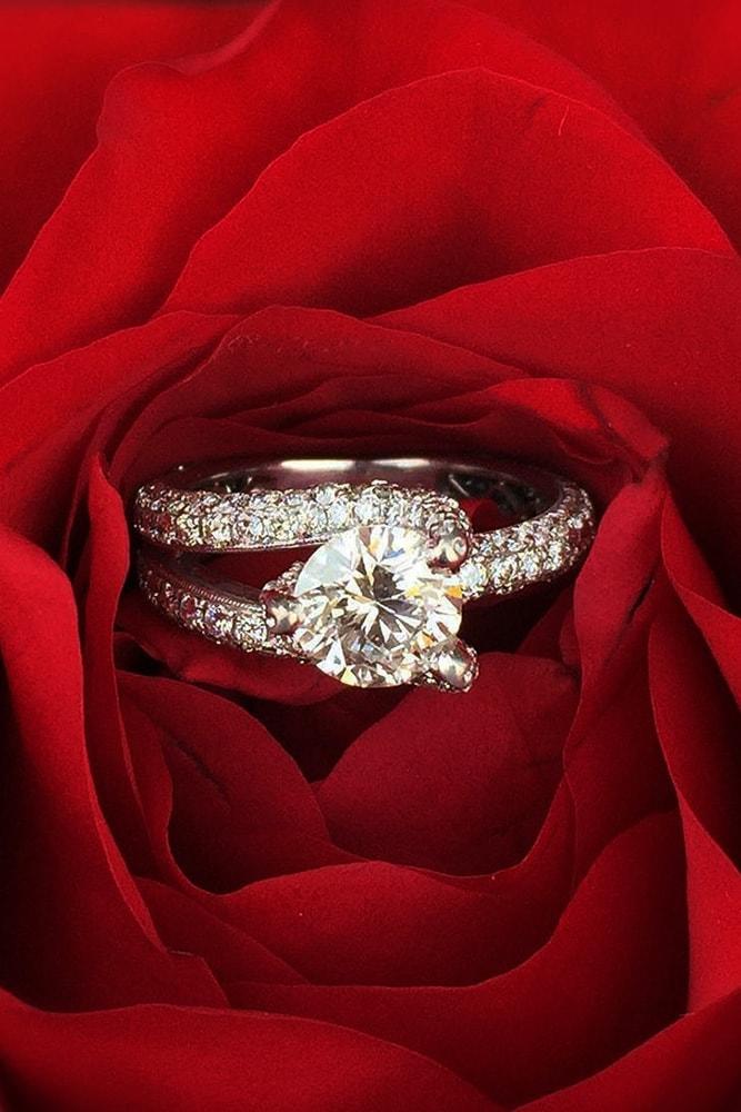 modern engagement rings white gold round cut diamond pave band with diamonds split shank