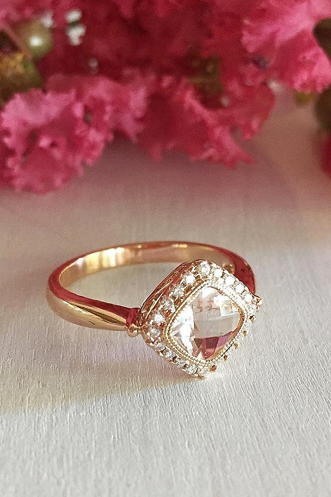 morganite engagement rings cushion cut halo yellow gold