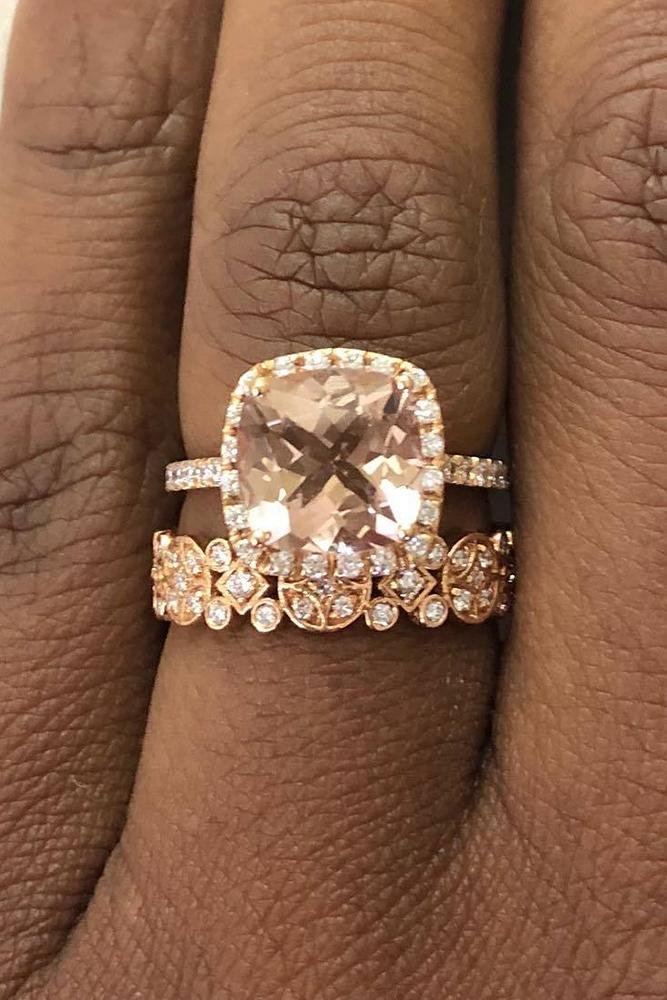 morganite engagement rings cushion cut morganite stone wedding set with floral band rose gold