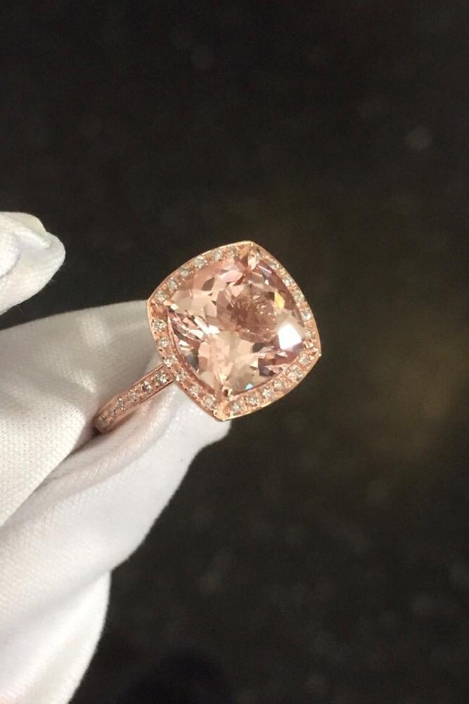 morganite engagement rings cushion cut stone morganite halo rose gold