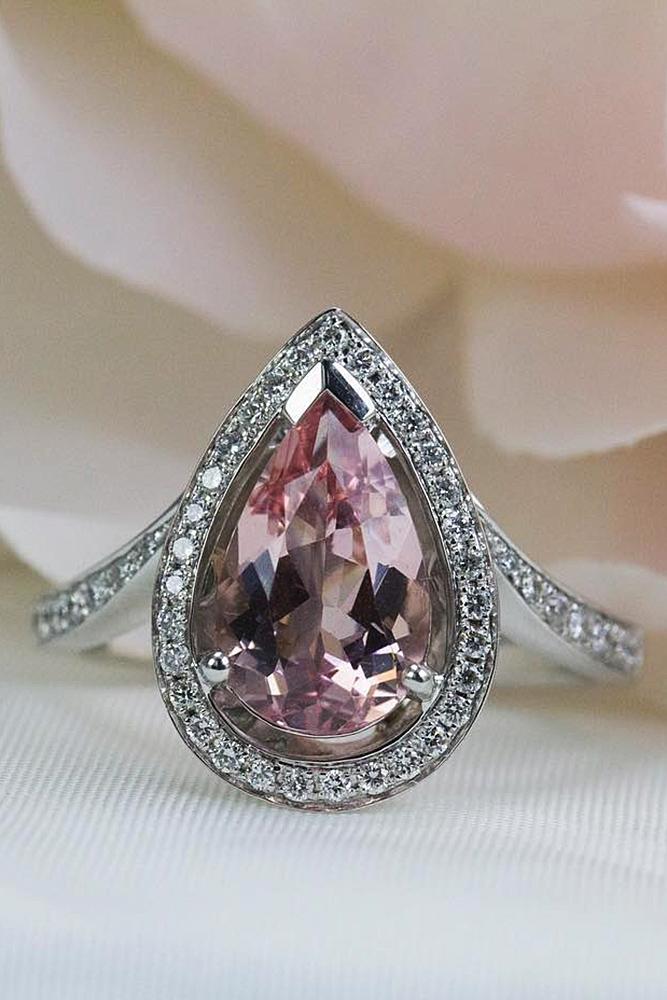 morganite engagement rings pear pave band halo white gold