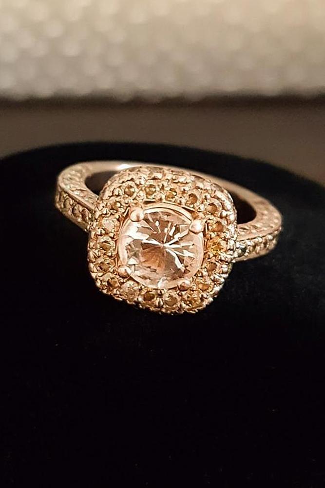 morganite engagement rings round pave band halo gold