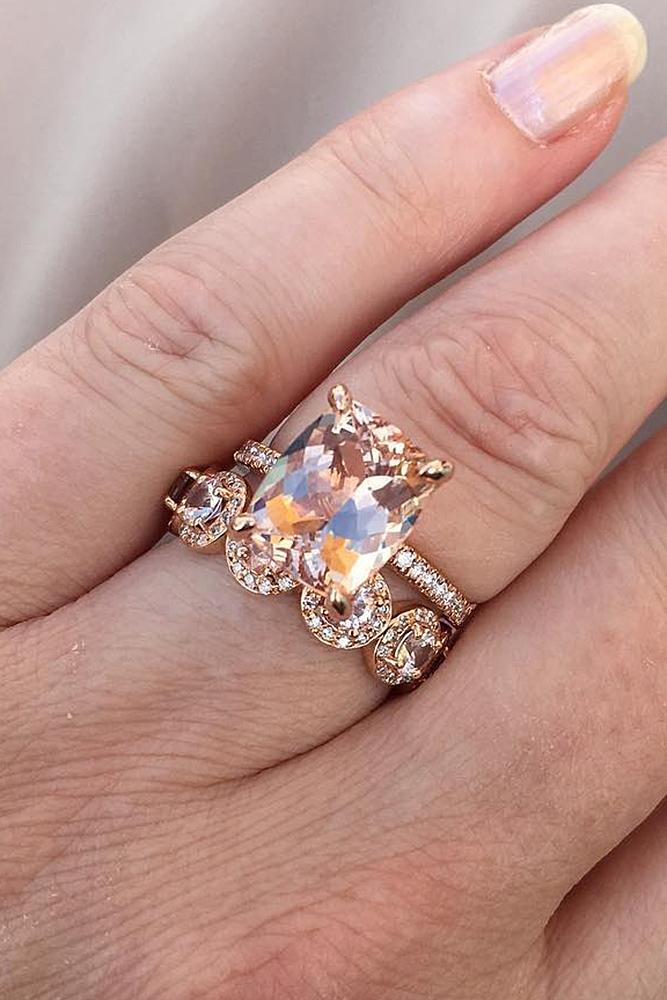 morganite engagement rings solitaire rose gold wedding set pave band