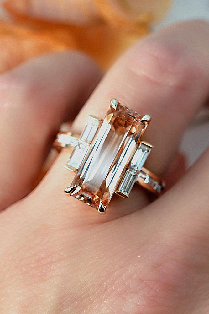 morganite engagement rings unique emerald cut three stones modern