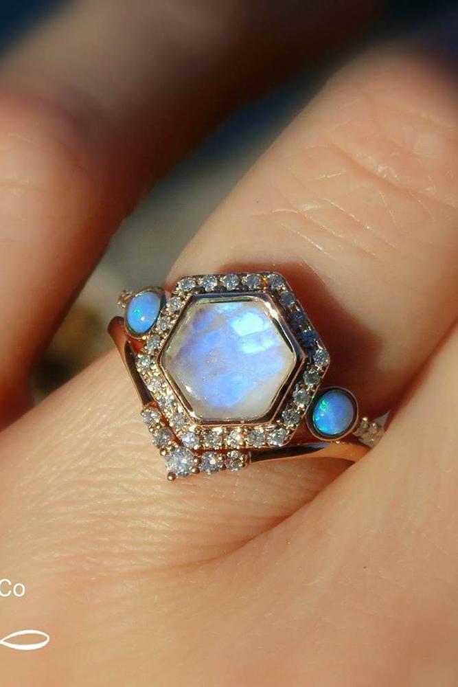 opal engagement rings hexagon opalstone diamond halo colorful gems.