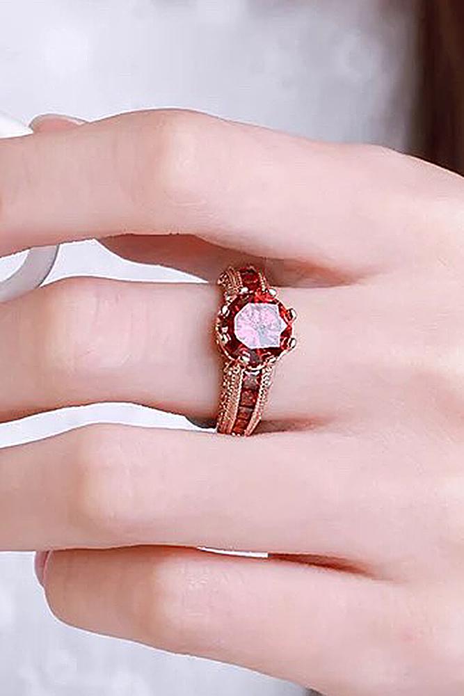ruby engagement rings art deco vintage round cut rose gold